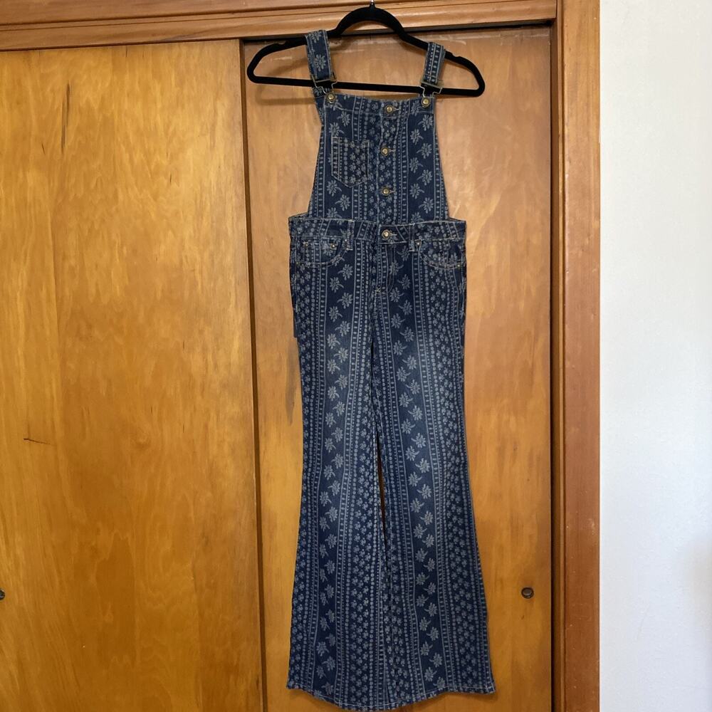 12k Brand Hippie Style Blue Jean Overalls w/ Floral Detail - Girls Size 16